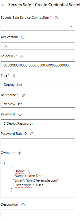 Secrets Safe Create Credential Secret Task Configuration