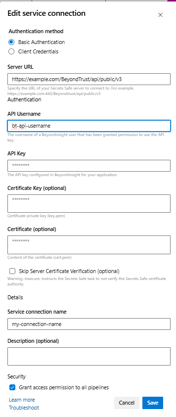 Secrets Safe Service Connection Configuration Basic Authentication