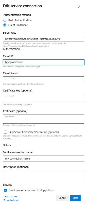 Secrets Safe Service Connection Configuration OAuth